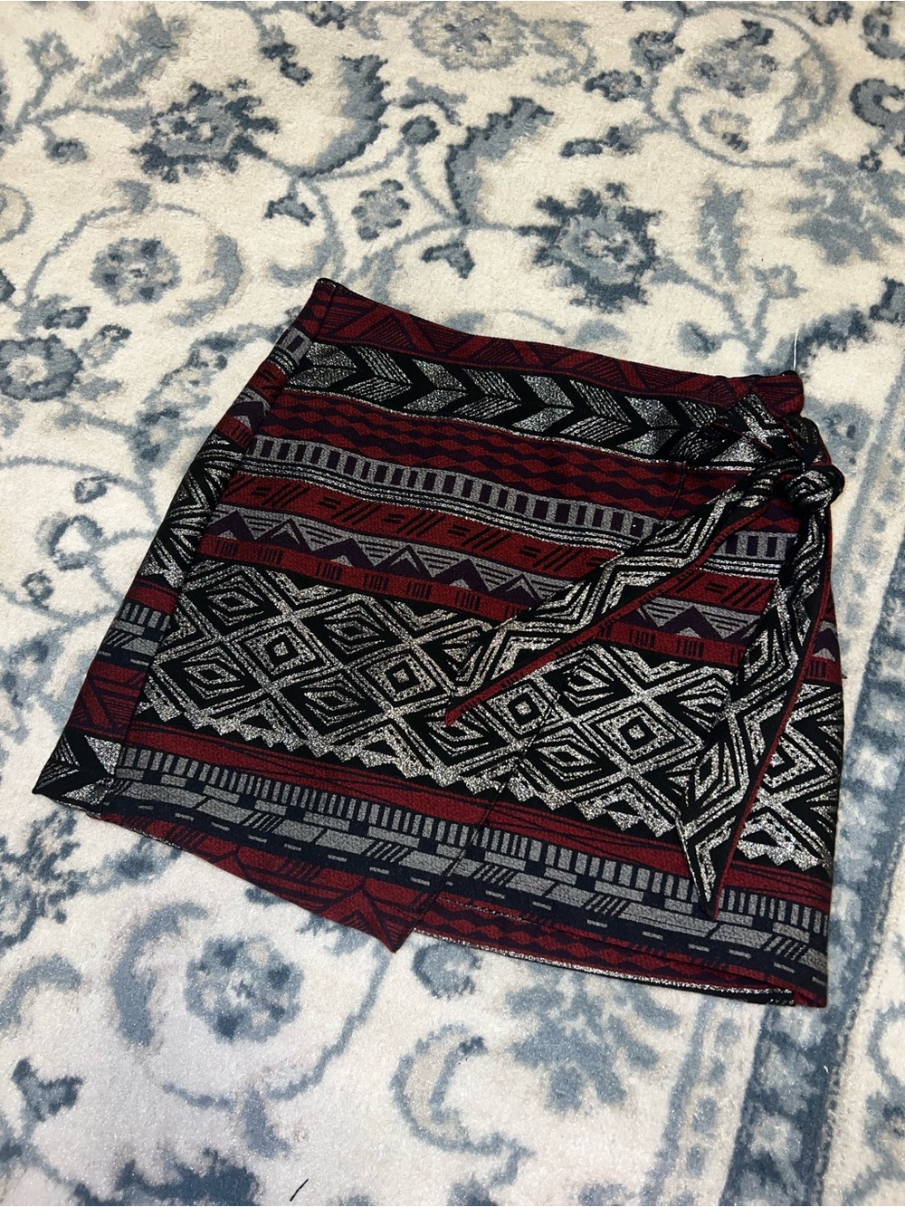 Express Red, Black & Gray Geometric Wrap Mini Skirt